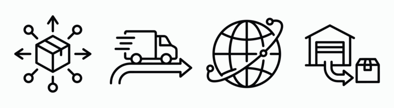 Logistics and warehouse shipping icons with boxes truck and global map for supply chain management.