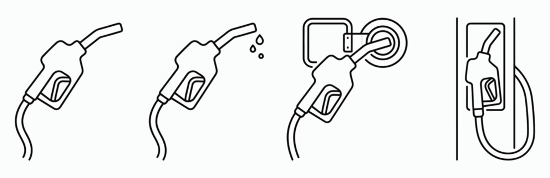 Fuel pump nozzles with various usage states for vehicle refueling station equipment linear symbols.