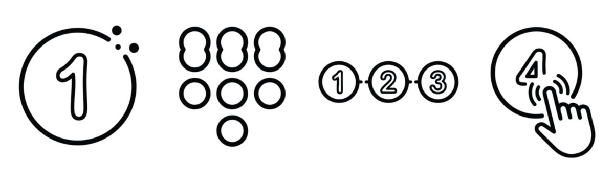 Numbered steps and process sequence icons with numeric design elements for workflow presentation.