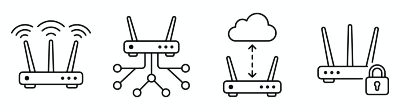 Wireless internet router equipment icons with network connectivity and security features symbols.