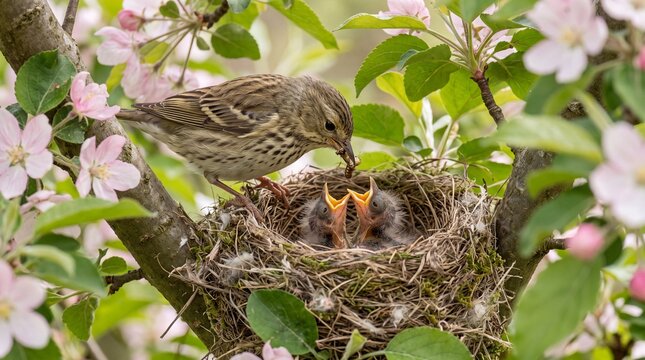meadow pipit (anthus pratensis) parent feeding a caterpillar to hungry chicks in a nest among apple blossoms