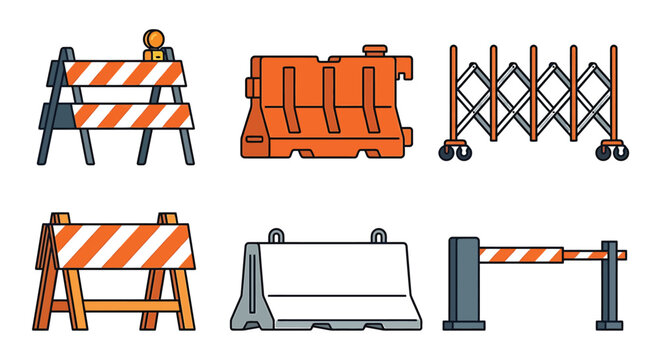 Various construction barriers with wheels and striped patterns are displayed in a vector illustration barricade
