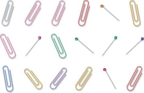 Array of multi colored paperclips and straight sewing pins isolated on transparent backdrop for office craft stationery.