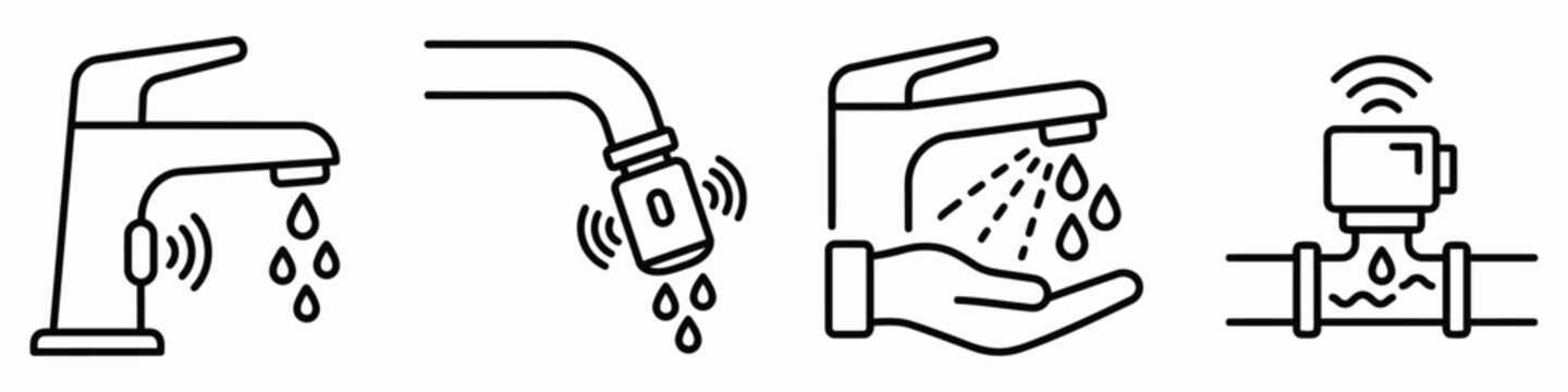Smart automated water tap and plumbing pipe sensor icons for efficient resource control systems.