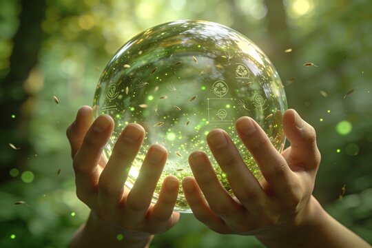 Hands gently hold a clear glass sphere with drifting seeds and green light particles forming a miniature ecosystem for ESG sustainability