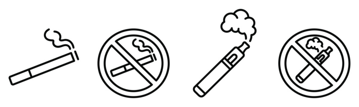Smoking and vaping icons in simple outline style for public safety signs and health warning projects.