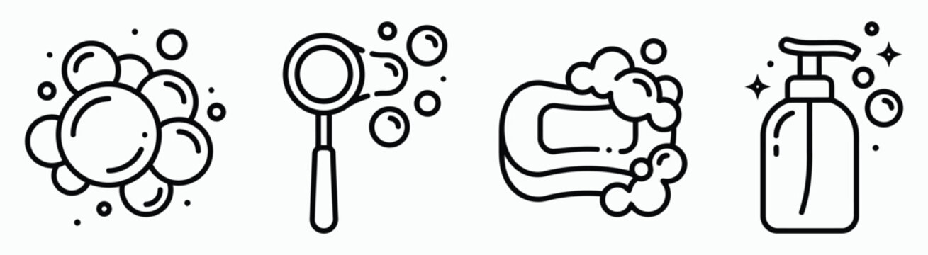 Cleaning and hygiene icons featuring soap foam bubbles and hand dispenser for skincare wash routine.