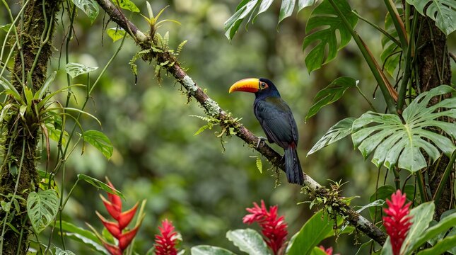 toco toucan (ramphastos toco) perched on a mossy branch among lush green rainforest vegetation