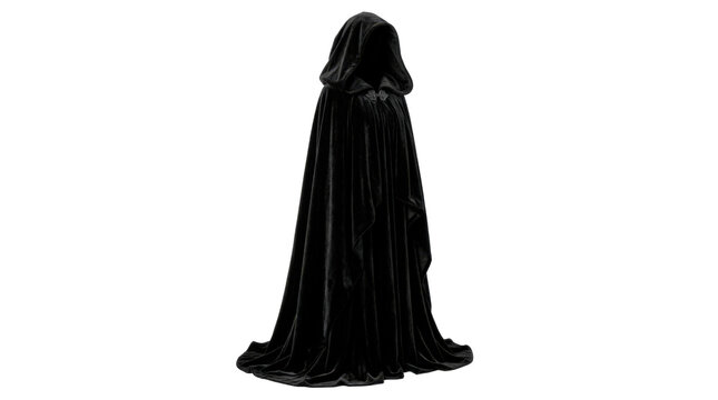 Black velvet hooded cloak, photorealistic long dramatic garment with deep black velvet texture, oversized hood and flowing floor-length silhouette. Front three-quarter studio view, crisp textile