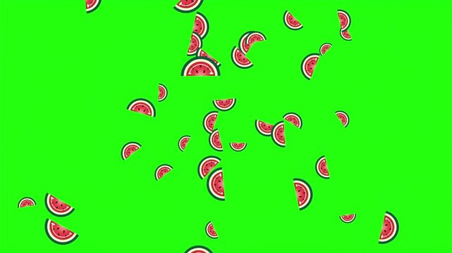 2D animation of red watermelon pieces in gummy style falling down with green screen background