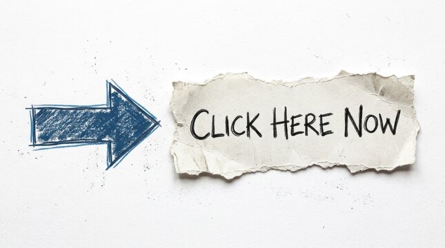 Hand drawn blue arrow pointing to a torn paper strip with text, featuring a creative call to action design on a horizontal banner.