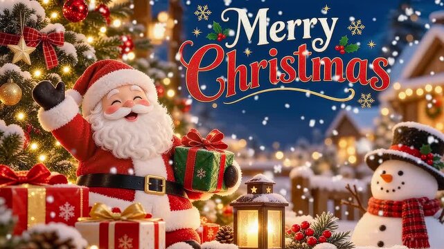 Merry christmas festive 3D animation with animated santa claus greeting with decorated evergreen pine tree and glowing snowman in snowy winter village landscape, magical holiday night season