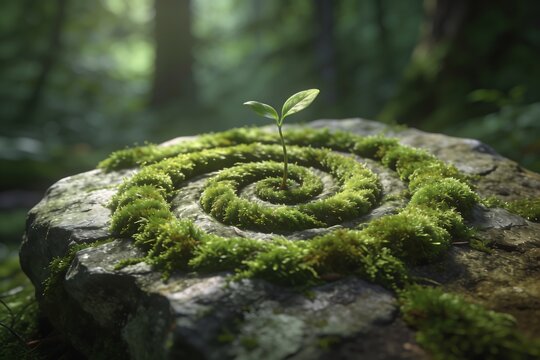 Soft green moss spirals across a forest stone with a single sprout emerging from the center symbolizing organic cyclical renewal