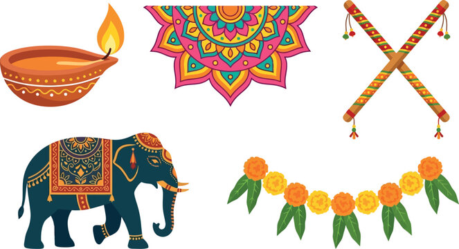 Indian Festival Festive Vector Element Set Featuring Diwali Diya Elephant Dandiya Sticks Mandala Rangoli and Marigold Flower Garlands for Traditional Celebrations