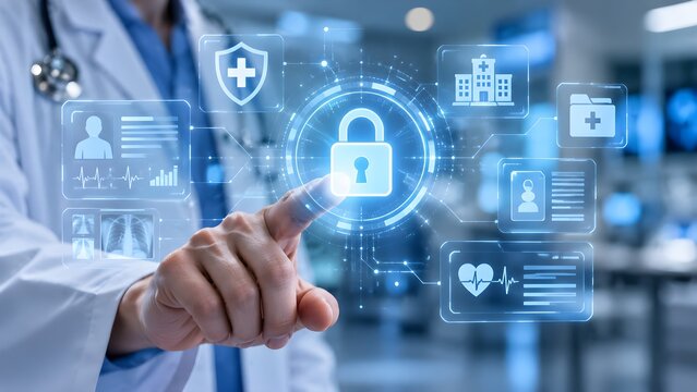 Healthcare Professional Touching Holographic Lock for Secure Medical Data and Privacy Protection
