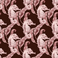 Hand painted watercolor illustration seahorse dragon, horse fish, seaweed algae blush pink seamless pattern. Burgundy backgrounds tropical. Artistic marine design coastal decor, stationery creative © Nataliia