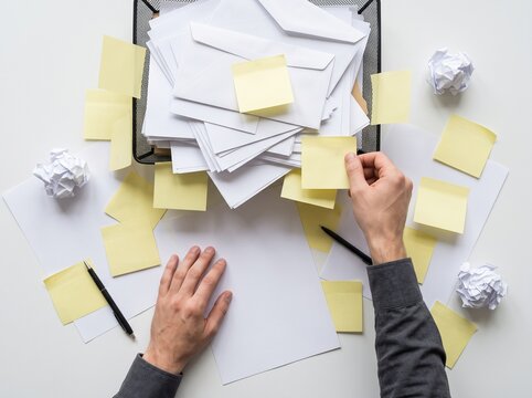 Hand sticking sticky note on overflowing inbox tray