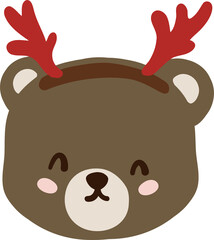 Cute brown bear cartoon clipart wearing red reindeer antlers, featuring closed smiling eyes, rosy pink cheeks, rounded ears, and an adorable face for festive Christmas and winter holiday designs © GuitaRies