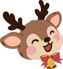 Cute Christmas reindeer cartoon clipart featuring a smiling brown deer with dark antlers, pink ears, rosy cheeks, and a red ribbon bow with golden jingle bell, perfect for festive winter holiday © GuitaRies