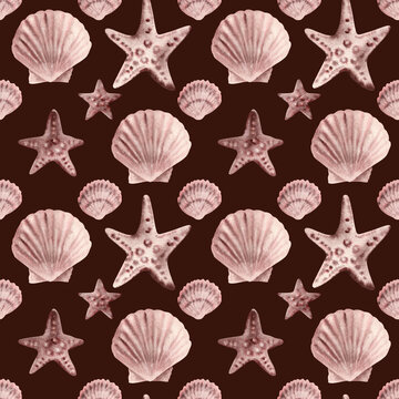 Marine seamless pattern starfish, seashell, shell, mollusk, animals. Watercolor illustration hand painted. Underwater tropical reef on burgundy background. Fabric, wrapping, wallpaper print decor.