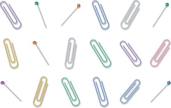 Office supply collection features colorful paperclips and push pins for stationary organization on transparent background.