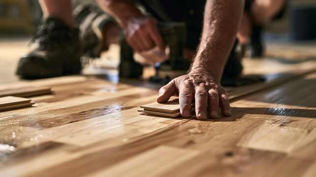 A construction worker installs wooden floorboards on a renovation project in a residential building