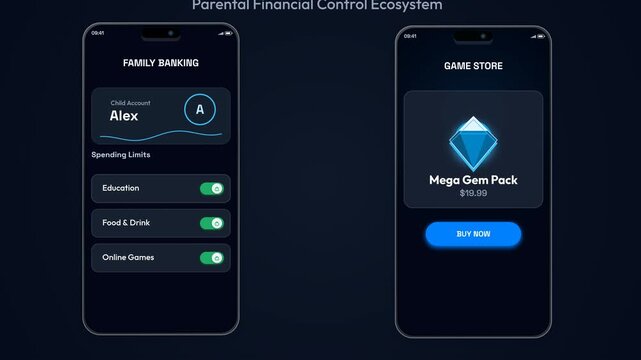 Conceptual animation of a family banking application demonstrating parental financial control by setting spending limits and blocking online game transactions in real time