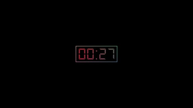Abstract 30 second countdown timer in rectangle with color animation on transparent background. Stopwatch, 30 seconds to 0 seconds countdown animation. Countdown 30 second timer video in 4k.