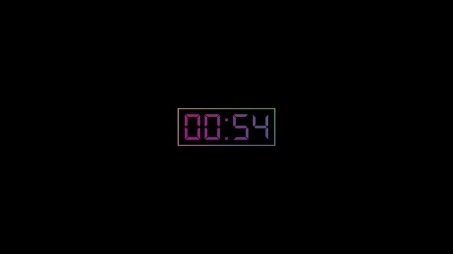 Abstract 1 minutes countdown timer in rectangle with color animation on transparent background. Stopwatch, 60 seconds to 0 seconds countdown animation. Countdown 1 minute timer video in 4k.
