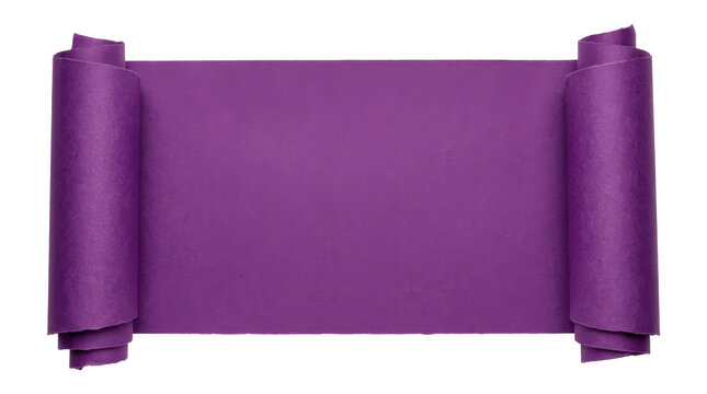 Purple paper scroll with symmetrically rolled ends, rich matte paper texture and clean blank central area, photorealistic decorative document object, top-down view, razor-sharp focus, ultra-detailed