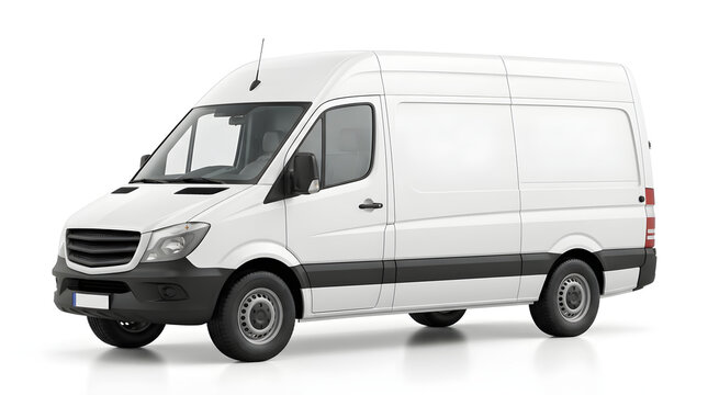 A modern commercial white delivery van parked on a clean white background with studio lighting