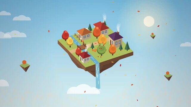 Autumn Isometric Village on Floating Island Seamless Loop Flat Vector Animation with Day to Night Cycle