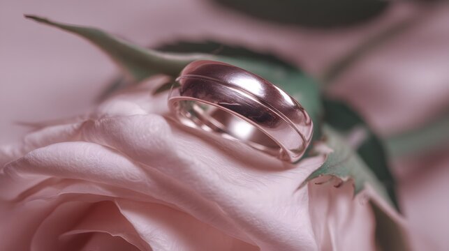 rings resting on a bed of soft pink rose petals with fresh green leaves, diffused studio light, delicate metallic reflections, romantic luxury still life, sharp macro detail, elegant neutral