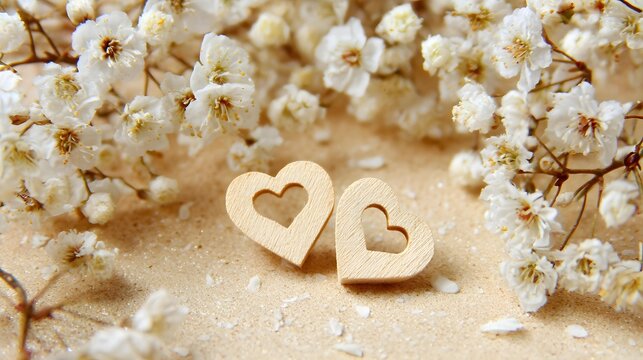 arrangement of two interlocking heart-shaped objects made from natural wood, surrounded by small white flowers on a cream background, soft diffused light, sustainability and enduring love concept,