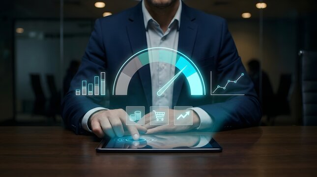 Executive using tablet with holographic speedometer and financial growth charts to monitor business performance and market trends in a professional setting