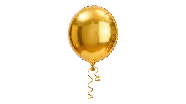 Gold helium balloon, photorealistic metallic balloon with highly reflective golden surface, smooth inflated form, and integrated curled ribbon hanging below, three-quarter view, crisp focus,