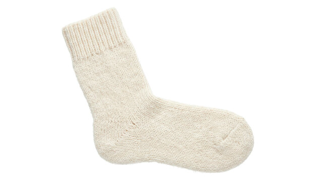 White wool sock, thick knitted winter sock with ribbed cuff, reinforced heel and toe, soft dense yarn texture, photorealistic apparel product photography, straight-on front view, tack-sharp focus,