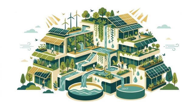 A vibrant illustration shows interconnected buildings using solar panels, wind turbines, and water features, emphasizing sustainability and nature.