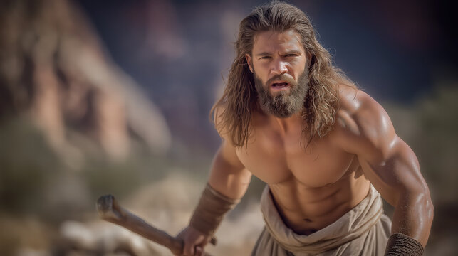 Realistic biblical scene of Samson holding a donkey jawbone with long flowing hair, furious expression, and tense muscles