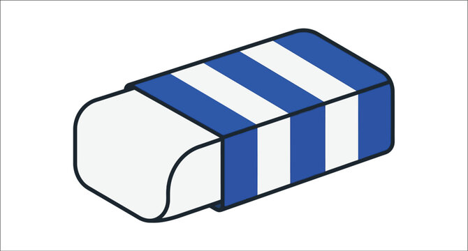 Rectangular eraser with blue and white stripes sits on a white background rubber stationery school