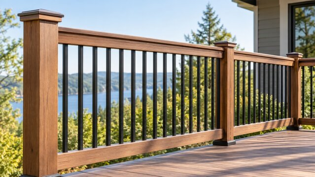 deck railing frames an outdoor terrace