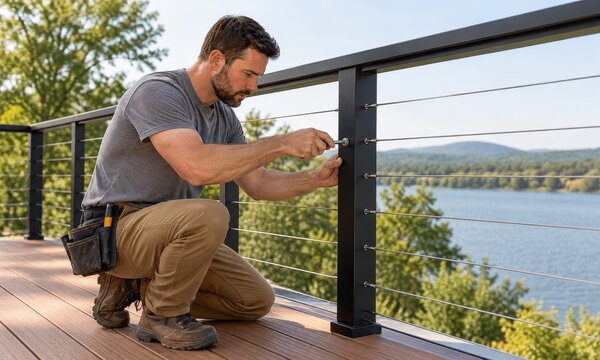 deck railing frames an outdoor terrace