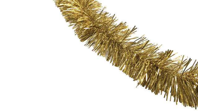 Fluffy festive golden shiny Christmas tinsel garland streamer isolated on transparent background