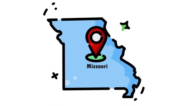 Animated Missouri map illustration with red location pin provides geographic emphasis, suitable for promotions, tourism materials, navigation graphics, and local campaigns.