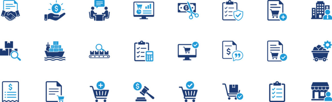 Procurement and Sourcing Solid Icon Set Featuring Purchase Order, Cost Management, Vendor, Supplier, Global Supply, Compliance Audit and Supply Chain Editable Vector Glyph Collection