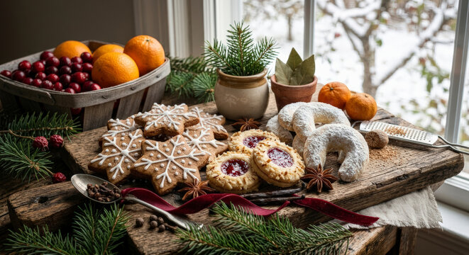 Stimmungsvolles Weihnachtsstillleben mit verschiedenen Pl&auml;tzchen wie Zimtsternen und Vanillekipferl appetitlich arrangiert auf rustikalen Holzbrettern vor einem Fenster mit Blick auf eine verschneite 