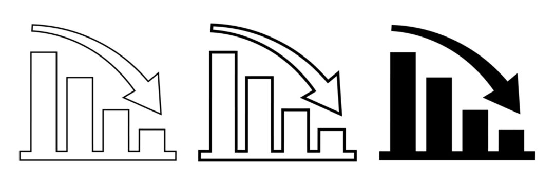 Decline graph bar chart icons with downward arrow in linear and solid styles for financial data analysis dashboard.