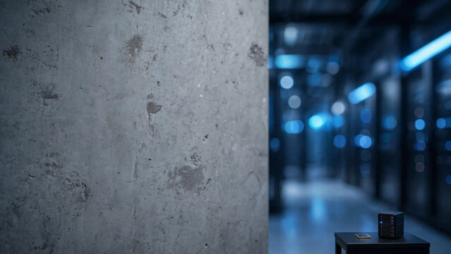 Server Room Corridor: A stark, textured concrete wall dominates the foreground, juxtaposed with a blurred, futuristic server room corridor featuring glowing blue lights and rows of computer racks.