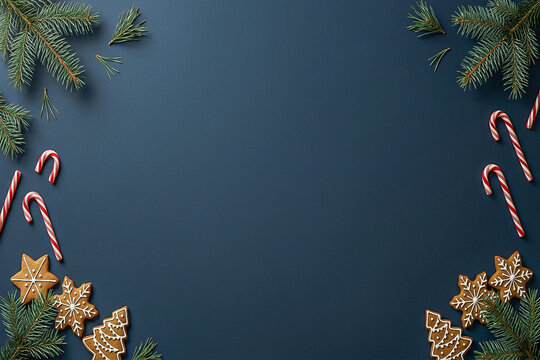 Christmas background with gingerbread cookies and pine branches on dark blue surface with copy space