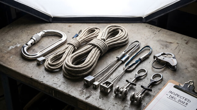 Professional climbing gear layout featuring a caribiner, rope, camming devices, and inspection clipboard.